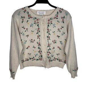 VTG Petite Sophisticate Grandmacore Cottagecore 3D‎ Floral Embroidered Cardigan